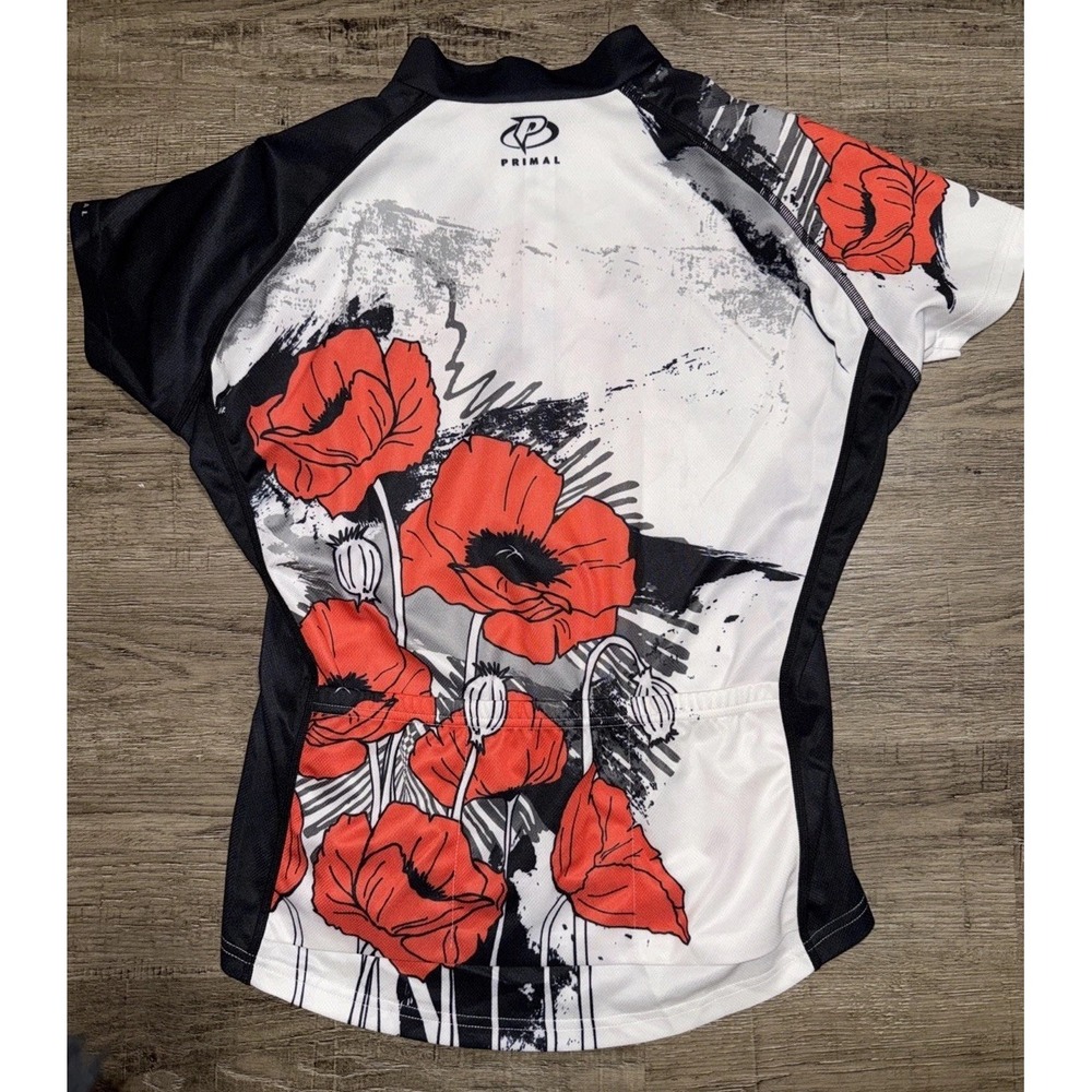 PRIMAL Women's Cycling Jersey M White Black Red Poppy Flower Biking Shirt - Picture 2 of 4